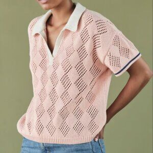 Knit Pointelle Polo Top in Blush Pink